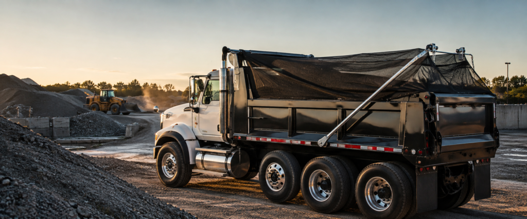 Dump truck with a tarp system covering the truck bed at a U.S. aggregate site for safer, more efficient load transport.