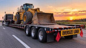 Expandable heavy-haul trailer carrying a large wheel loader, showing extended deck capacity for oversized equipment transport.