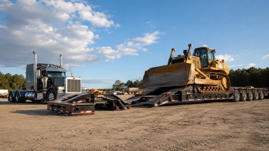RGN trailer with detached removable gooseneck loading a bulldozer onto the low deck for heavy equipment transport.