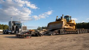 RGN trailer with detached removable gooseneck loading a bulldozer onto the low deck for heavy equipment transport.