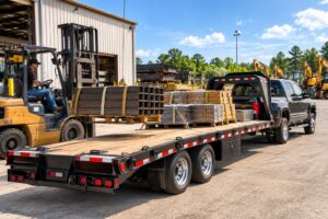 Fifth wheel flatbed trailer being loaded with steel tubing by forklift in an industrial freight yard.