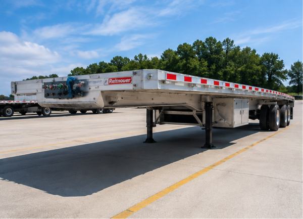 2027 Reitnouer MaxMiser 53x102 sliding axle flatbed trailer side front view