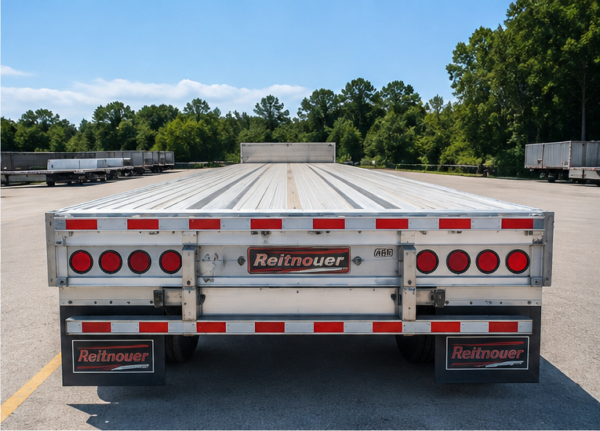 Reitnouer MaxMiser aluminum flatbed trailer rear deck with sliding axle setup