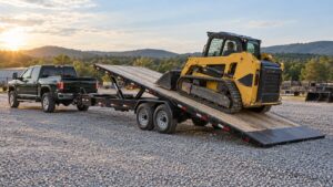 Hydraulic tilt bed trailer attached to a pickup truck, with its deck tilted for loading a compact track loader.
