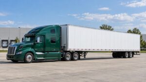 Side view of a green semi truck and white dry van trailer showing the vehicle’s overall length and height.