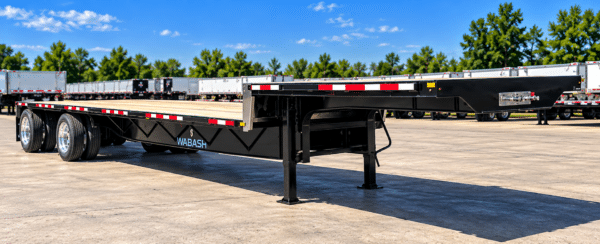 Side view of a Wabash steel step deck trailer showing the raised front deck, lower cargo deck, spread tandem axles and landing gear