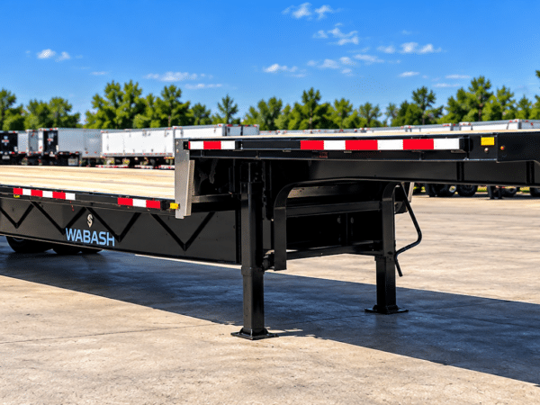 Side view of a Wabash steel step deck trailer showing the raised front deck, lower cargo deck, spread tandem axles and landing gear