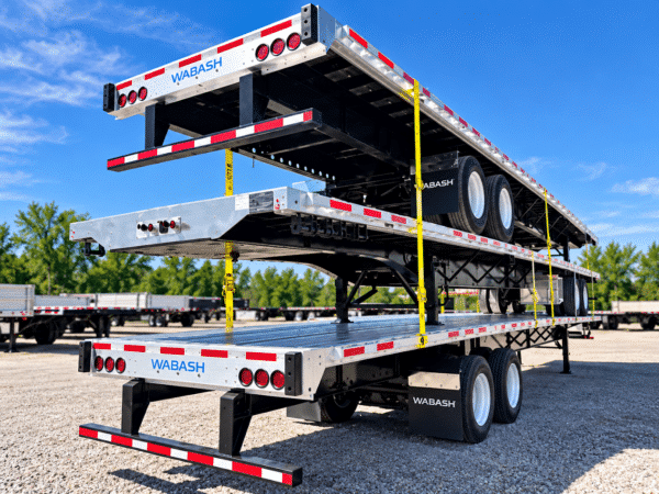 Three Wabash Combo flatbed trailers stacked in a yard, showing aluminum decks, rear lights, wheels and Wabash mud flaps