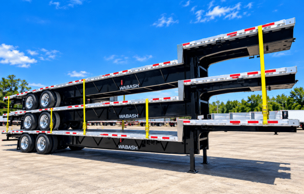 Rear view of three stacked Wabash Combo step deck trailers showing round tail lights, reflective tape and rear bumpers