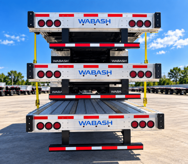 Side view of three stacked Wabash Combo step deck trailers showing raised front decks, lower decks and tandem axles