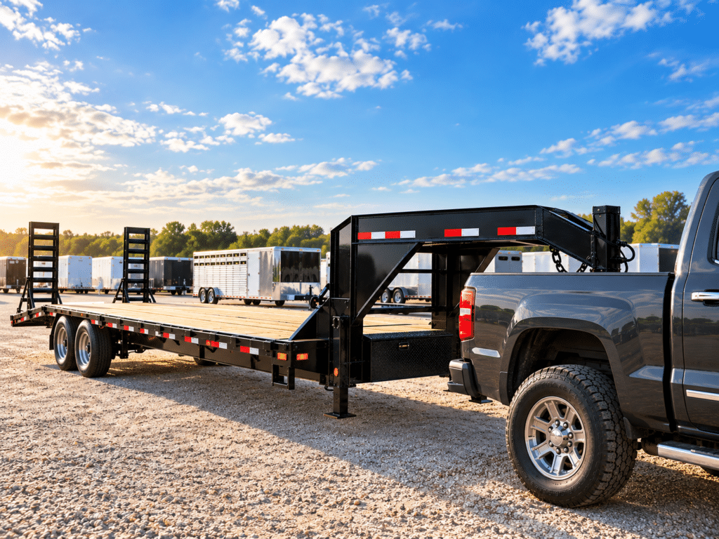 Black gooseneck flatbed trailer for sale attached to a heavy-duty pickup truck at an outdoor trailer dealership.