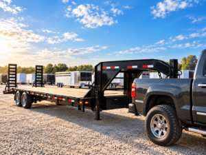 Black gooseneck flatbed trailer for sale attached to a heavy-duty pickup truck at an outdoor trailer dealership.
