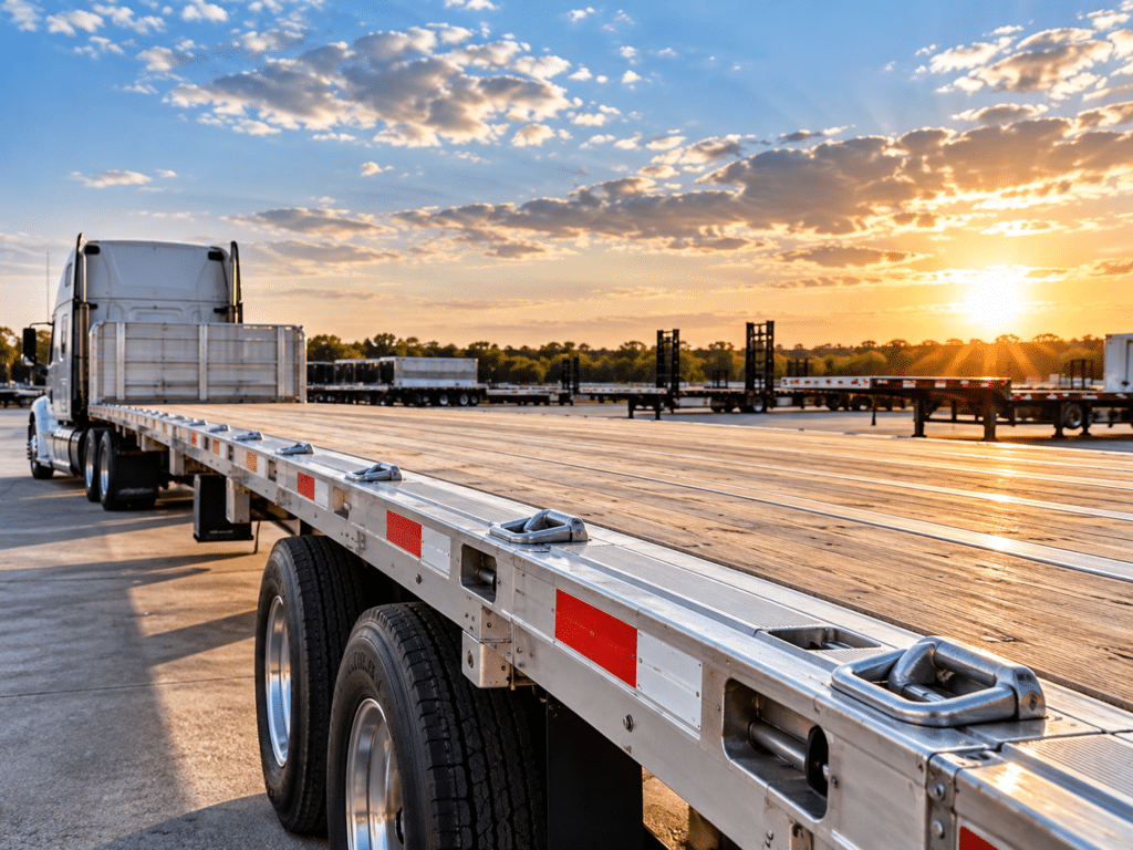 53ft flatbed semi-trailer with aluminum frame, wooden deck, cargo tie-down points, and tandem axles parked at a trailer dealership.