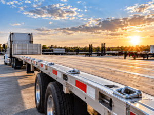 53ft flatbed semi-trailer with aluminum frame, wooden deck, cargo tie-down points, and tandem axles parked at a trailer dealership.