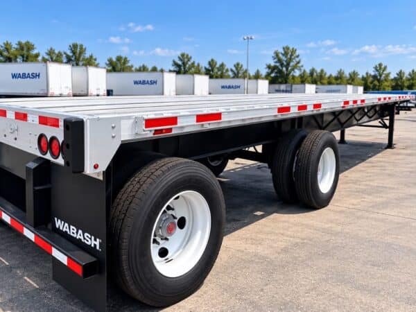 Rear three-quarter view of a Wabash Combo 48 ft flatbed trailer showing the aluminum deck and spread tandem axles