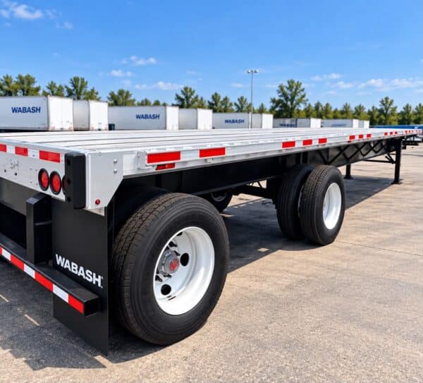 Rear three-quarter view of a Wabash Combo 48 ft flatbed trailer showing the aluminum deck and spread tandem axles