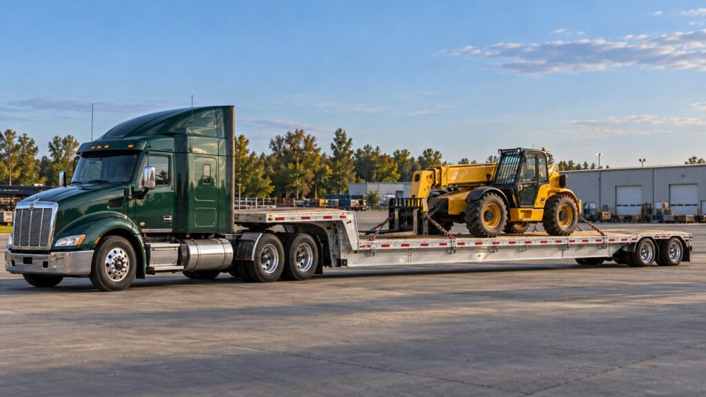 Drop deck trailer carrying a yellow telehandler on its lower deck, attached to a green semi truck.