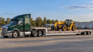 Drop deck trailer carrying a yellow telehandler on its lower deck, attached to a green semi truck.