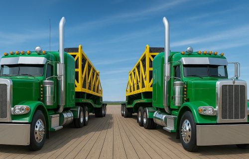 Two green semi-trucks hauling yellow cable reels on flatbed trailers, parked side by side on a wooden deck under a blue sky.