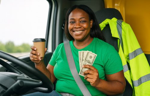 Black female flatbed owner operator in a green T-shirt, smiling in the truck cab while holding a coffee cup and U.S. dollar bills.