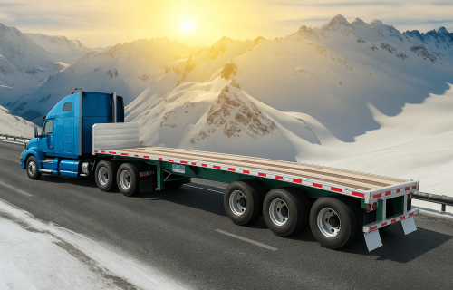 Flatbed trailer on the winter mountain road