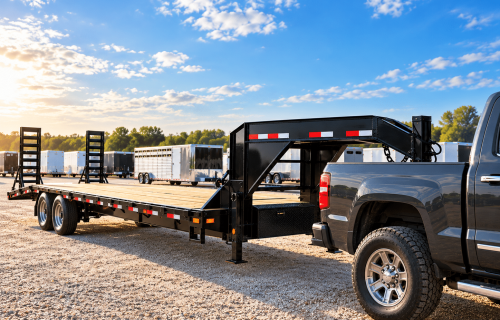 Black gooseneck flatbed trailer for sale attached to a heavy-duty pickup truck at an outdoor trailer dealership.