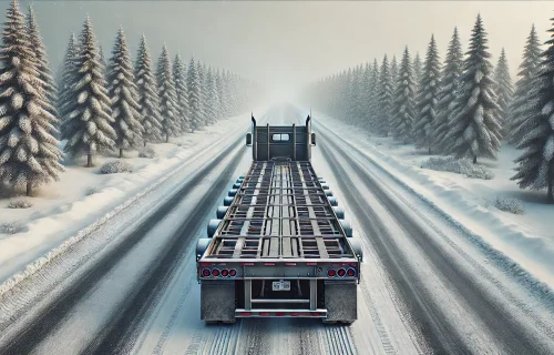 Flatbed trailer on snowy road