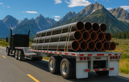 Step deck caryying pipes