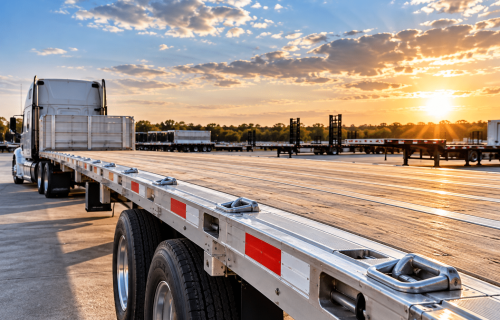 53ft flatbed semi-trailer with aluminum frame, wooden deck, cargo tie-down points, and tandem axles parked at a trailer dealership.