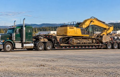 Lowboy gooseneck trailer carrying a tracked excavator on its low deck, attached to a green semi truck.