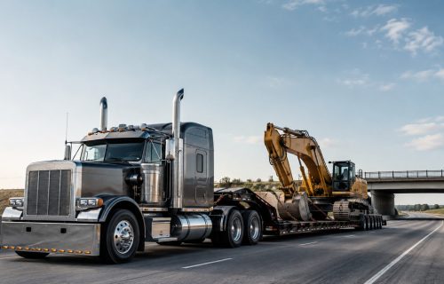 Lowboy trailer hauling a large excavator on a highway, showing low deck height and heavy equipment transport advantages.