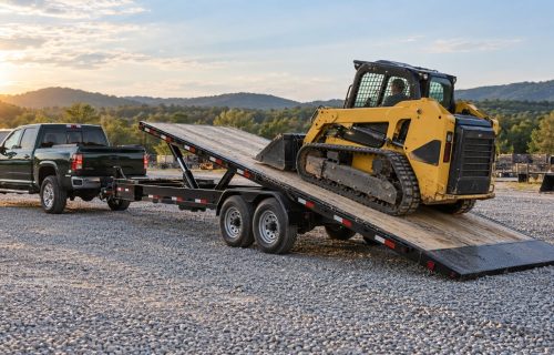 Hydraulic tilt bed trailer attached to a pickup truck, with its deck tilted for loading a compact track loader.
