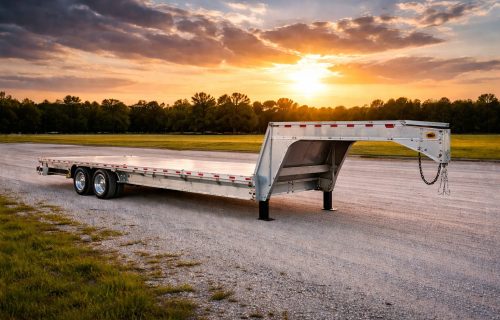 Aluminum two axle gooseneck flatbed trailer parked on a gravel lot at sunset