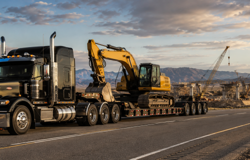 Heavy equipment hauler transporting an excavator on a lowboy trailer along a U.S. highway near a construction site.