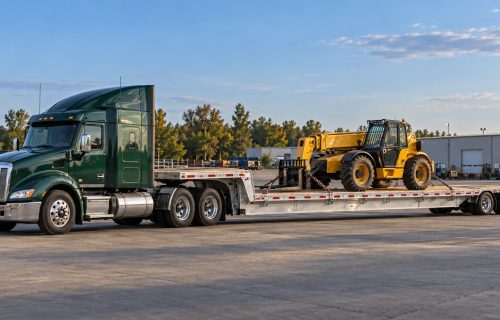 Drop deck trailer carrying a yellow telehandler on its lower deck, attached to a green semi truck.