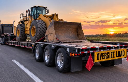 Expandable heavy-haul trailer carrying a large wheel loader, showing extended deck capacity for oversized equipment transport.