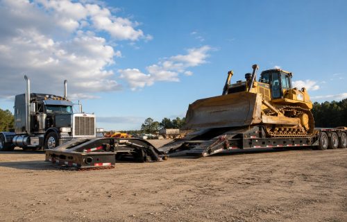 RGN trailer with detached removable gooseneck loading a bulldozer onto the low deck for heavy equipment transport.