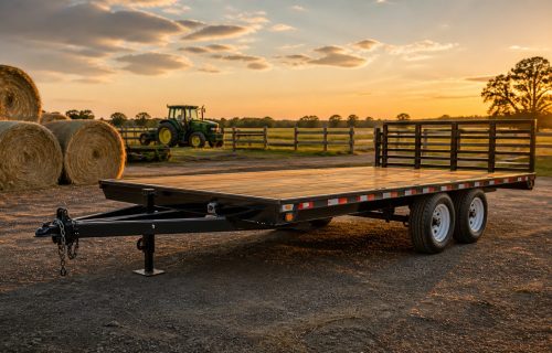 Farm trailer parked in a rural field at sunset with hay bales and a tractor in the background