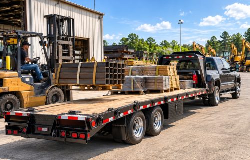 Fifth wheel flatbed trailer being loaded with steel tubing by forklift in an industrial freight yard.