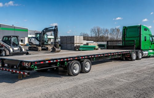 Green semi truck with a heavy-duty flatbed trailer parked in an industrial yard with construction equipment and materials nearby, illustrating flatbed trailer buying considerations for heavy loads.