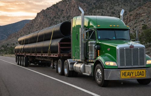 Green heavy-duty semi truck hauling large steel pipes on a flatbed trailer through a mountain highway at sunset, illustrating heavy haul and oversized freight transportation.