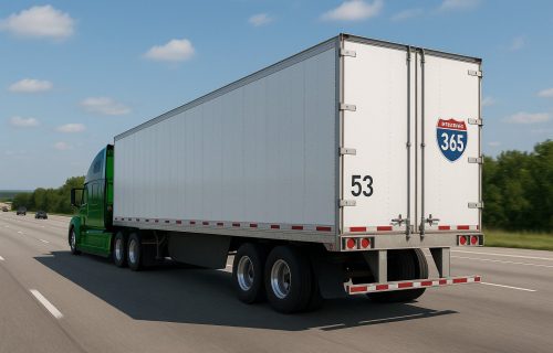 Green semi truck pulling a white 53 foot dry van trailer on a modern US highway with INTERSTATE 365 branding, rear three-quarter view showing the large 53 marking.