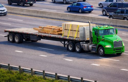 green semi truck flatbed lumber highway vivid light