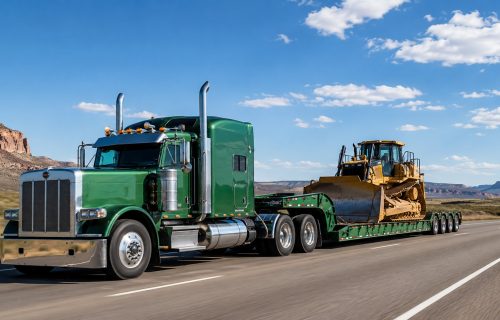 Green semi truck hauling heavy construction equipment on a heavy-duty hydraulic gooseneck trailer for specialized hauling.