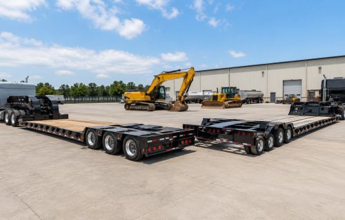 Lowboy and RGN trailers side by side in an industrial yard with heavy construction equipment