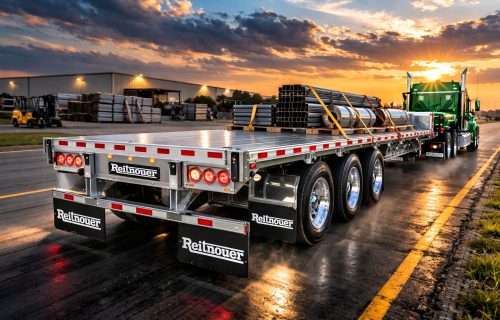 Aluminum Reitnouer flatbed trailer pulled by a green semi truck on the highway at sunset