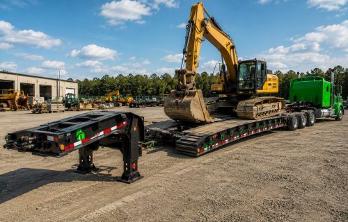 Green semi truck with RGN lowboy trailer in an industrial equipment yard, showing removable gooseneck design, low deck height, axles, tires, and heavy machinery for long-haul heavy loads.