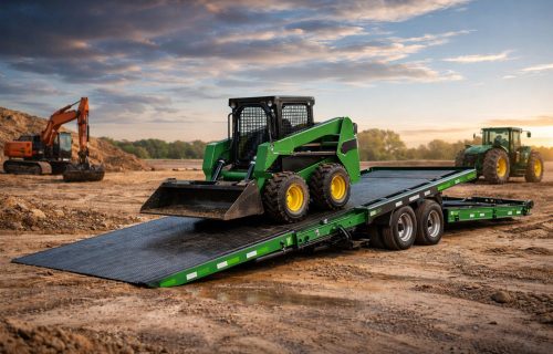 Green sliding axle trailer loading skid steer at a construction site during sunset