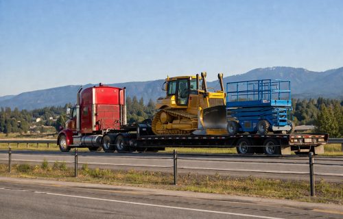Red semi truck hauling equipment on a step deck trailer along a highway with mountains in the background