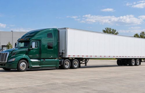 Side view of a green semi truck and white dry van trailer showing the vehicle’s overall length and height.